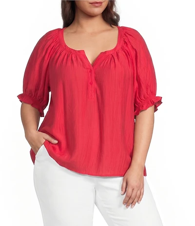 Liverpool Los Angeles Plus Size Crinkle Woven Split V-Neck Short Sleeve Blouse