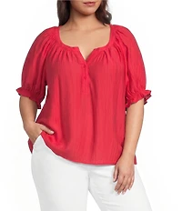 Liverpool Los Angeles Plus Size Crinkle Woven Split V-Neck Short Sleeve Blouse