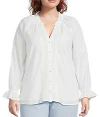 Liverpool Los Angeles Plus Size Embroidered Split V-Neck 3/4 Sleeve Button Front Blouse