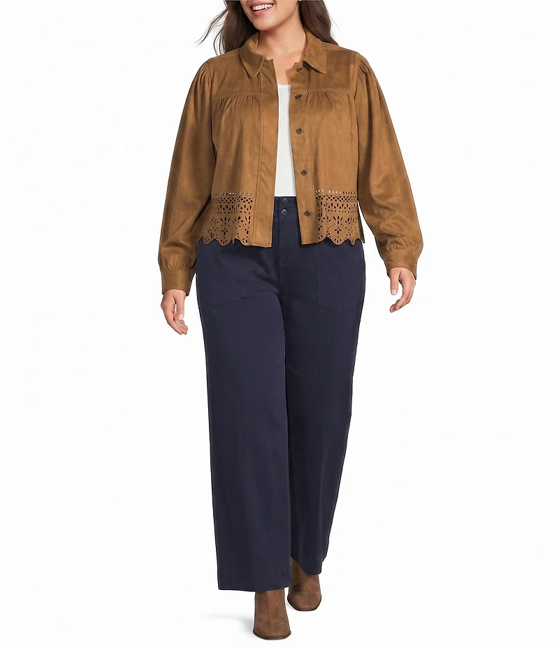 Liverpool Los Angeles Plus Size Faux Suede Point Collar Long Sleeve Laser Cut Hem Jacket