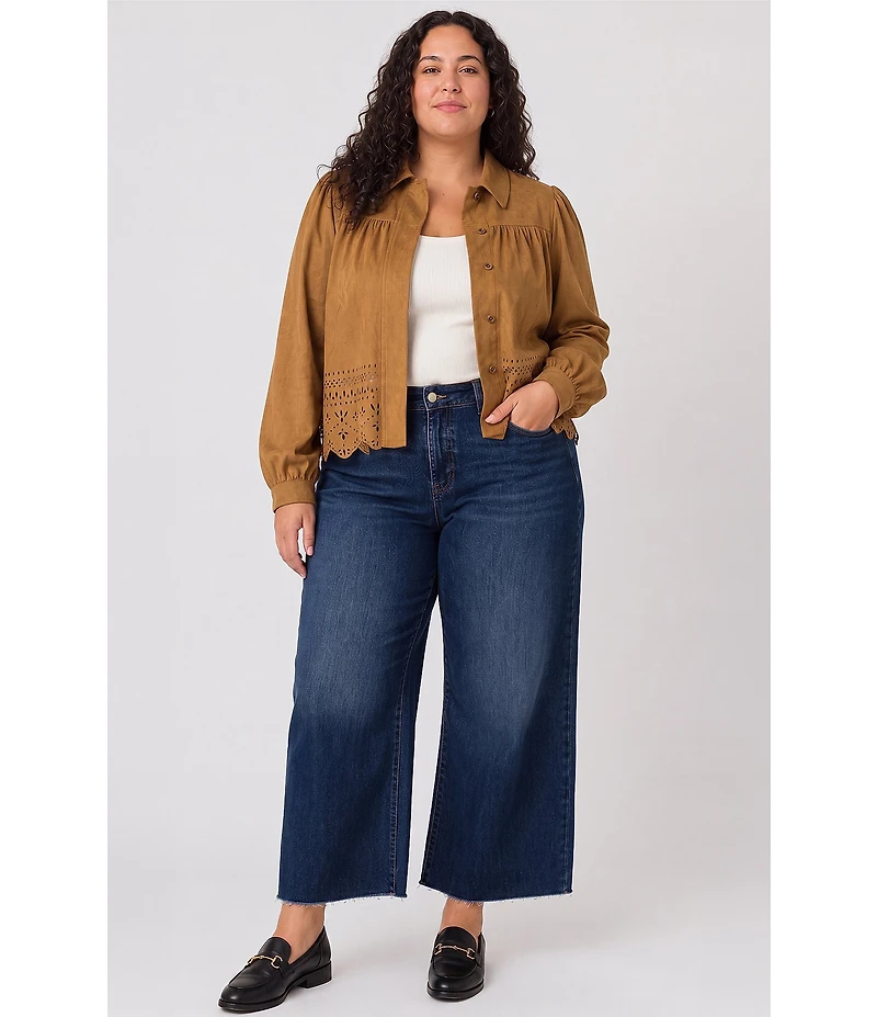 Liverpool Los Angeles Plus Size Faux Suede Point Collar Long Sleeve Laser Cut Hem Jacket