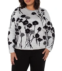 Liverpool Los Angeles Plus Size Feather Jacquard Floral Crew Neck Long Sleeve Sweater
