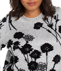 Liverpool Los Angeles Plus Size Feather Jacquard Floral Crew Neck Long Sleeve Sweater