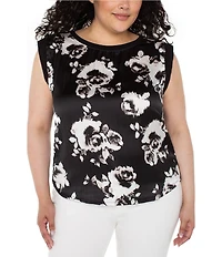 Liverpool Los Angeles Plus Size Floral Crew Neck Cap Sleeve Top