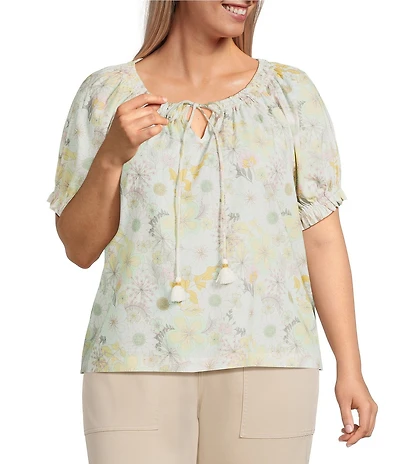 Liverpool Los Angeles Plus Size Floral Scoop Neck Short Sleeve Tassel Tie Top