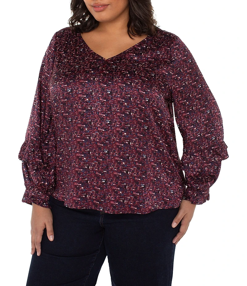 Liverpool Los Angeles Plus Size Jacquard Abstract Dot Print V-Neck Long Sleeve Blouse