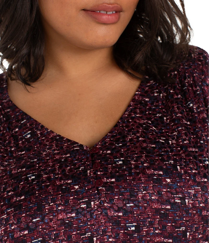 Liverpool Los Angeles Plus Size Jacquard Abstract Dot Print V-Neck Long Sleeve Blouse