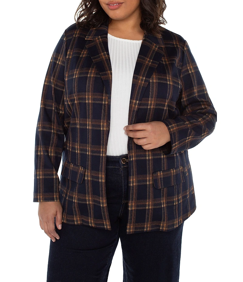 Liverpool Los Angeles Plus Size Jacquard Knit Plaid Open-Front Boyfriend Blazer