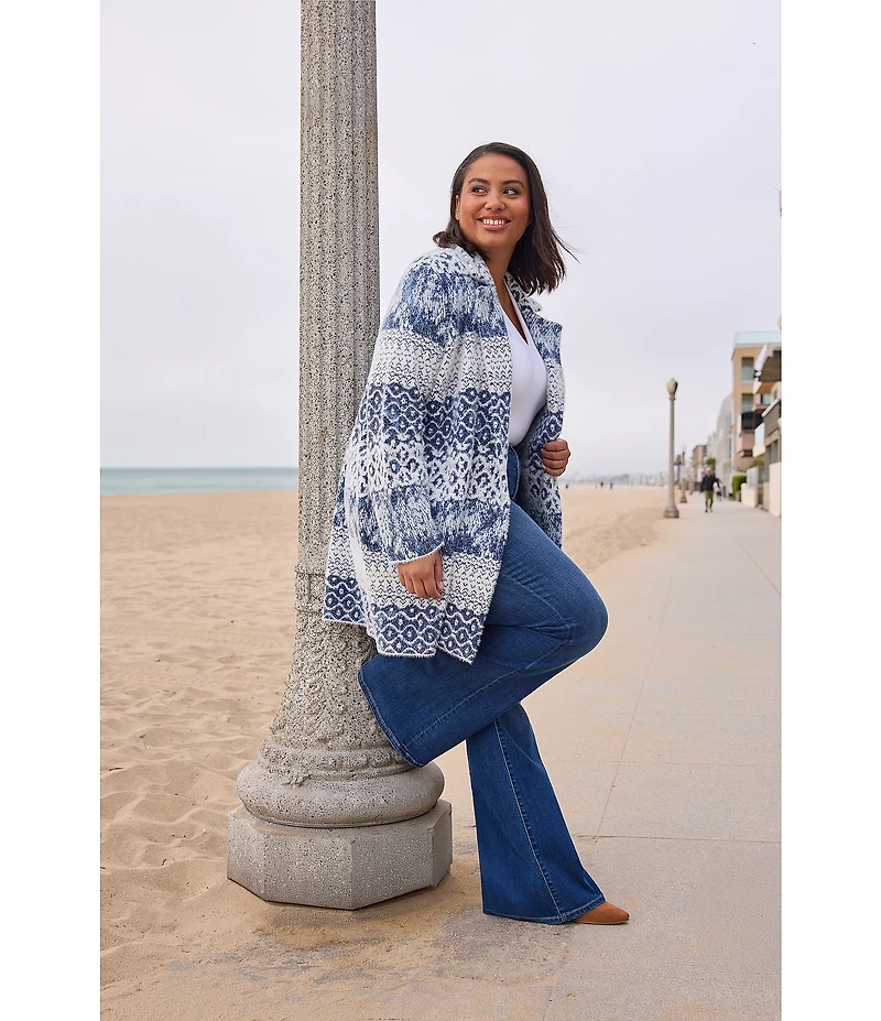 Liverpool Los Angeles Plus Size Jacquard Shibori Print Notch Collar Long Sleeve Coatigan Sweater