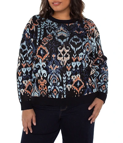 Liverpool Los Angeles Plus Size Jacquard Yarn Multi Ikat Print Crew Neck Long Sleeve Sweater