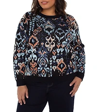 Liverpool Los Angeles Plus Size Jacquard Yarn Multi Ikat Print Crew Neck Long Sleeve Sweater