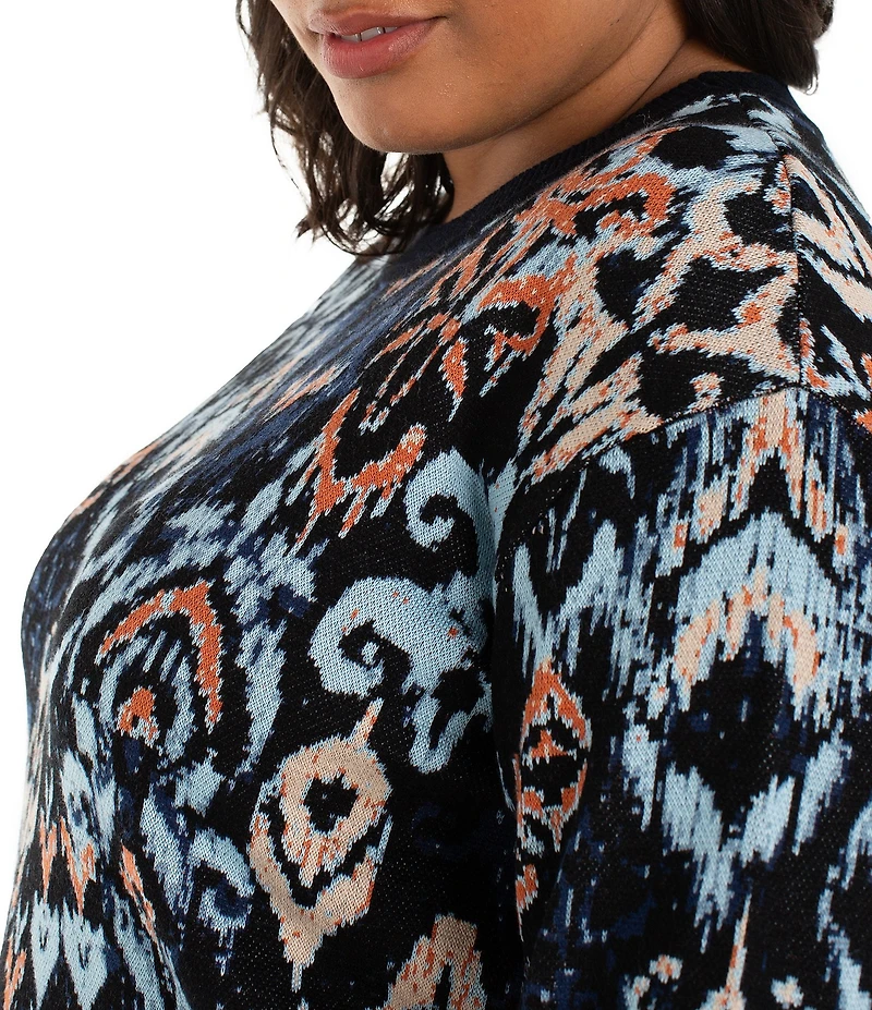 Liverpool Los Angeles Plus Size Jacquard Yarn Multi Ikat Print Crew Neck Long Sleeve Sweater