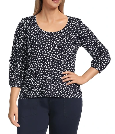 Liverpool Los Angeles Plus Size Jersey Knit Ditsy Floral Draped Scoop Neck 3/4 Ruffle Sleeve Top