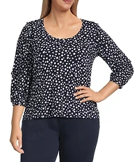 Liverpool Los Angeles Plus Size Jersey Knit Ditsy Floral Draped Scoop Neck 3/4 Ruffle Sleeve Top