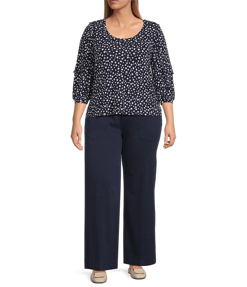 Liverpool Los Angeles Plus Size Jersey Knit Ditsy Floral Draped Scoop Neck 3/4 Ruffle Sleeve Top