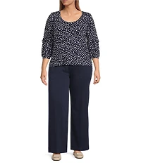 Liverpool Los Angeles Plus Size Jersey Knit Ditsy Floral Draped Scoop Neck 3/4 Ruffle Sleeve Top