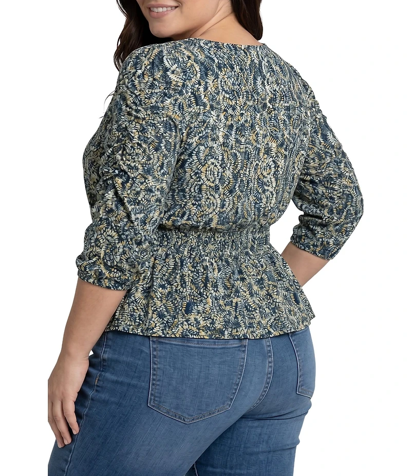 Liverpool Los Angeles Plus Size Jersey Knit Printed V-Neck 3/4 Sleeve Smocked Waist Top