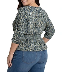 Liverpool Los Angeles Plus Size Jersey Knit Printed V-Neck 3/4 Sleeve Smocked Waist Top