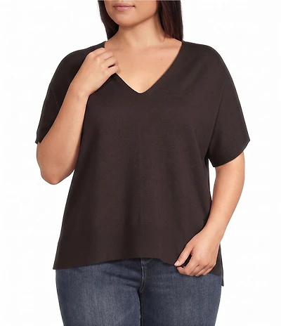 Liverpool Los Angeles Plus Size Knit Jersey V-Neck Short Dolman Sleeve Step Hem Sweater