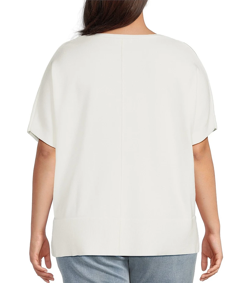 Liverpool Los Angeles Plus Size Knit Jersey V-Neck Short Dolman Sleeve Step Hem Sweater