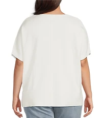 Liverpool Los Angeles Plus Size Knit Jersey V-Neck Short Dolman Sleeve Step Hem Sweater