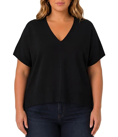 Liverpool Los Angeles Plus Size Knit Jersey V-Neck Short Dolman Sleeve Step Hem Sweater