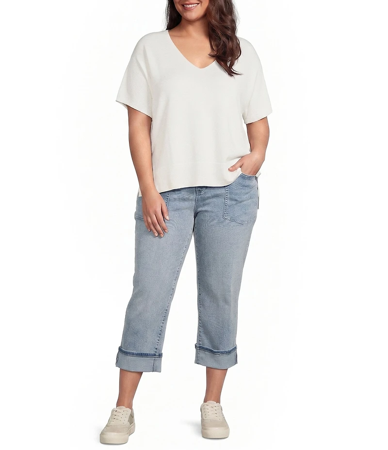 Liverpool Los Angeles Plus Size Knit Jersey V-Neck Short Dolman Sleeve Step Hem Sweater