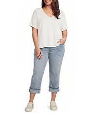 Liverpool Los Angeles Plus Size Knit Jersey V-Neck Short Dolman Sleeve Step Hem Sweater