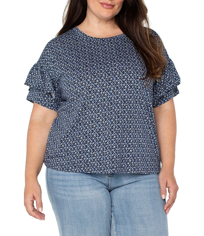 Liverpool Los Angeles Plus Size Knit Mini Batik Print Crew Neck Short Sleeve Top