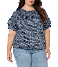 Liverpool Los Angeles Plus Size Knit Mini Batik Print Crew Neck Short Sleeve Top