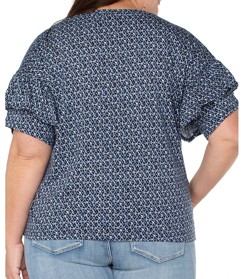 Liverpool Los Angeles Plus Size Knit Mini Batik Print Crew Neck Short Sleeve Top