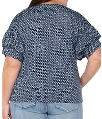 Liverpool Los Angeles Plus Size Knit Mini Batik Print Crew Neck Short Sleeve Top