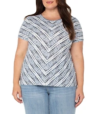 Liverpool Los Angeles Plus Size Knit Miter Indigo Ikats Stripe Scoop Neck Short Sleeve Top