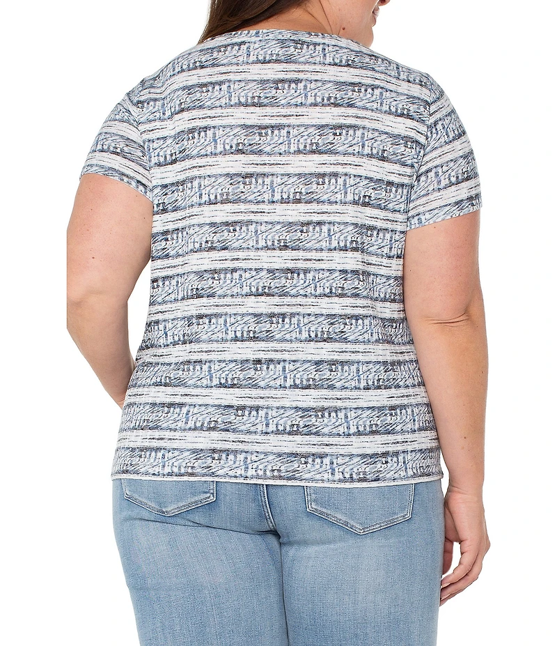 Liverpool Los Angeles Plus Size Knit Miter Indigo Ikats Stripe Scoop Neck Short Sleeve Top