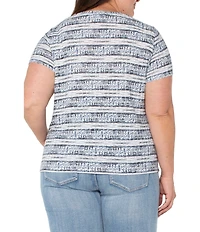 Liverpool Los Angeles Plus Size Knit Miter Indigo Ikats Stripe Scoop Neck Short Sleeve Top