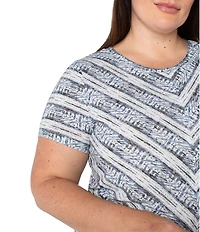 Liverpool Los Angeles Plus Size Knit Miter Indigo Ikats Stripe Scoop Neck Short Sleeve Top