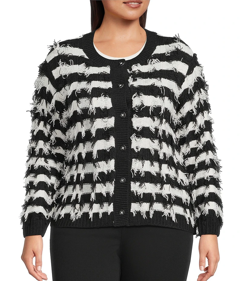 Liverpool Los Angeles Plus Size Long Mix Stitch Fringe Collarless Long Sleeve Cardigan