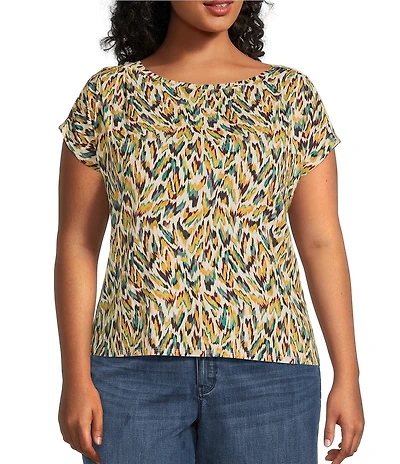 Liverpool Los Angeles Plus Size Multi Animal Print Boat Neck Cap Sleeve Top