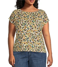 Liverpool Los Angeles Plus Size Multi Animal Print Boat Neck Cap Sleeve Top