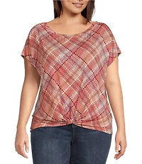 Liverpool Los Angeles Plus Size Multi Plaid Crew Neck Short Sleeve Front Twist Top