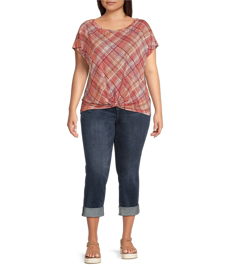 Liverpool Los Angeles Plus Size Multi Plaid Crew Neck Short Sleeve Front Twist Top