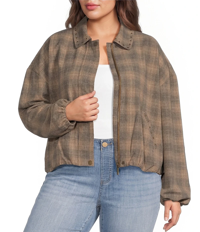 Liverpool Los Angeles Plus Size Ombre Plaid Point Collar Long Sleeve Bubble Hem Jacket