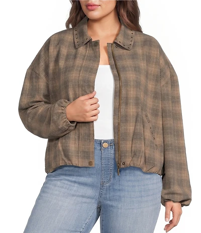 Liverpool Los Angeles Plus Size Ombre Plaid Point Collar Long Sleeve Bubble Hem Jacket