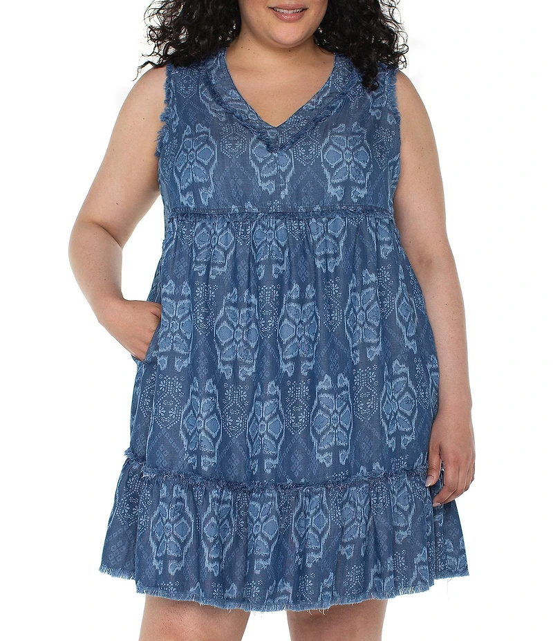 Liverpool Los Angeles Plus Size Printed V-Neck Sleeveless Ruffle Fray Tiered Hem Dress