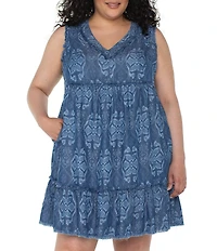 Liverpool Los Angeles Plus Size Printed V-Neck Sleeveless Ruffle Fray Tiered Hem Dress