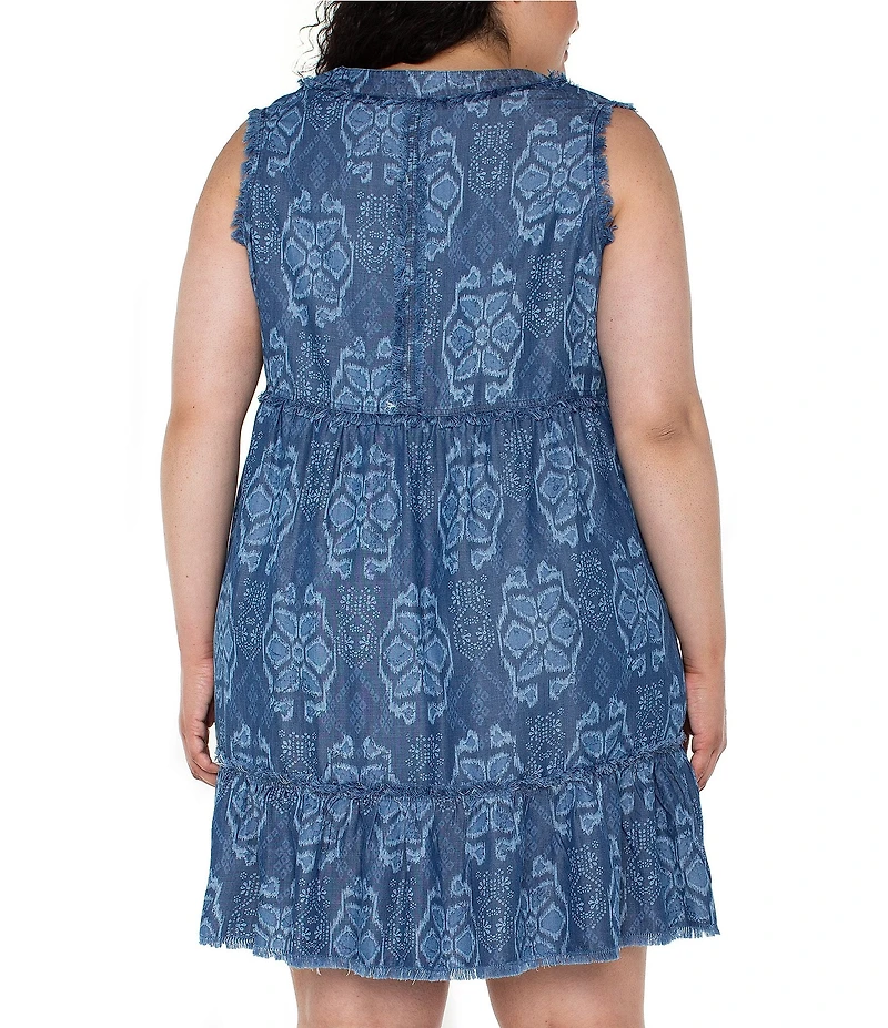Liverpool Los Angeles Plus Size Printed V-Neck Sleeveless Ruffle Fray Tiered Hem Dress