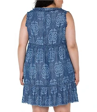 Liverpool Los Angeles Plus Size Printed V-Neck Sleeveless Ruffle Fray Tiered Hem Dress