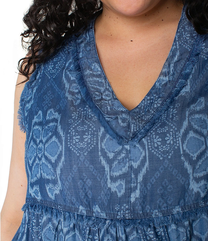 Liverpool Los Angeles Plus Size Printed V-Neck Sleeveless Ruffle Fray Tiered Hem Dress
