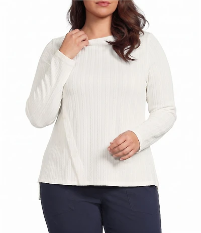 Liverpool Los Angeles Plus Size Ribbed Knit Asymmetrical Boat Neck Long Sleeve Sweater