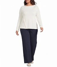 Liverpool Los Angeles Plus Size Ribbed Knit Asymmetrical Boat Neck Long Sleeve Sweater